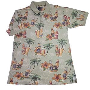 Vtg Big Dogs Polo Tan Tropical Dog Beer Bottles Palm Trees Print Hawaiian XL